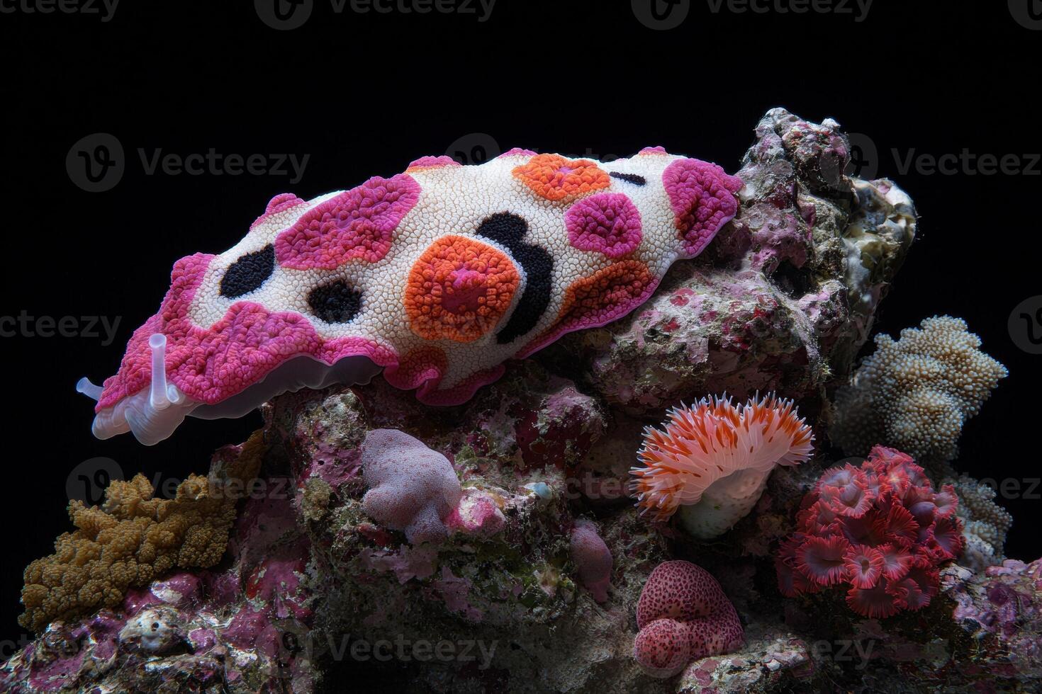 Closeup of a colorful sea slug on a rock with other marine life photo