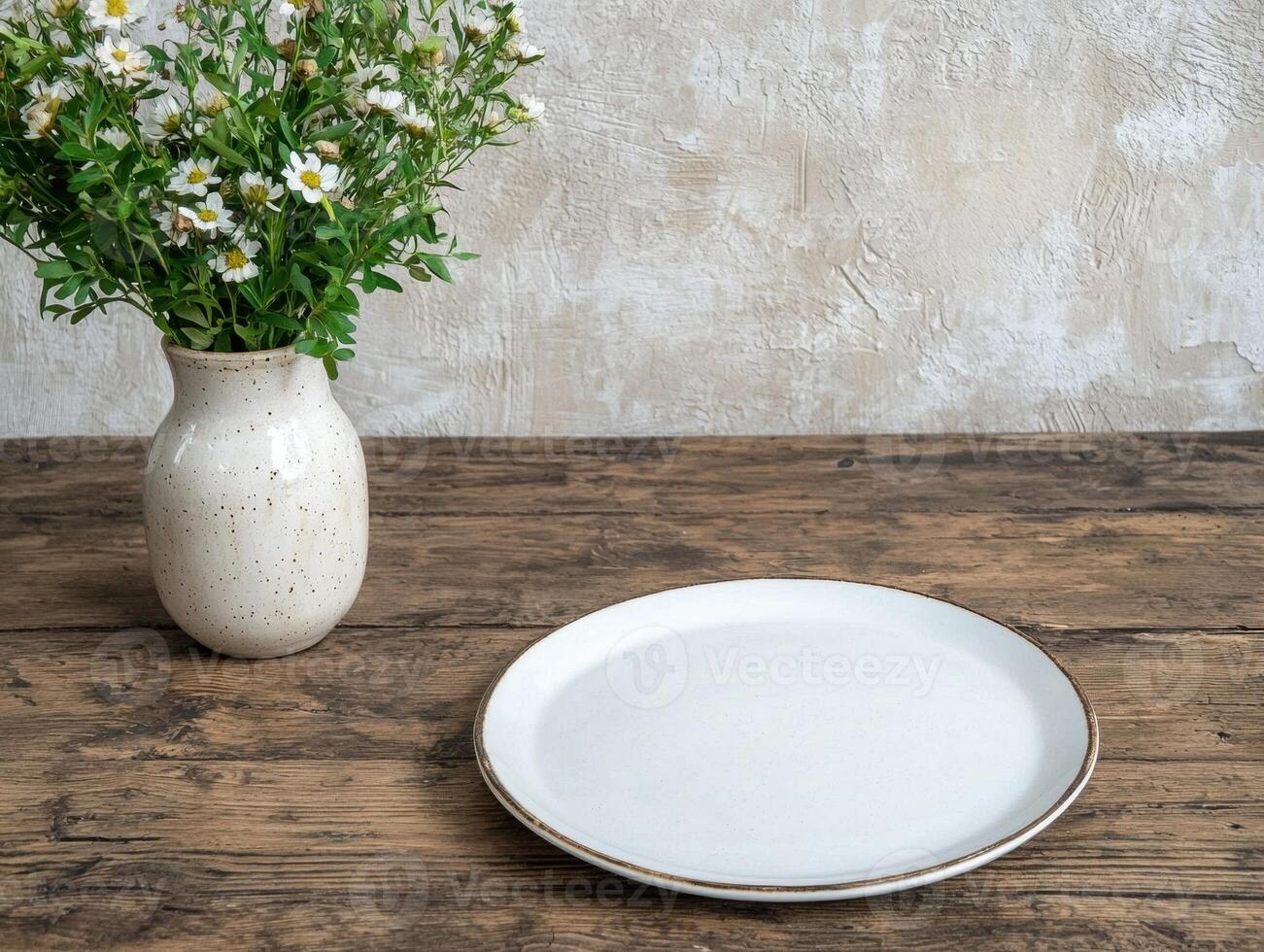 Empty plate on rustic wooden table with flowers in vase photo
