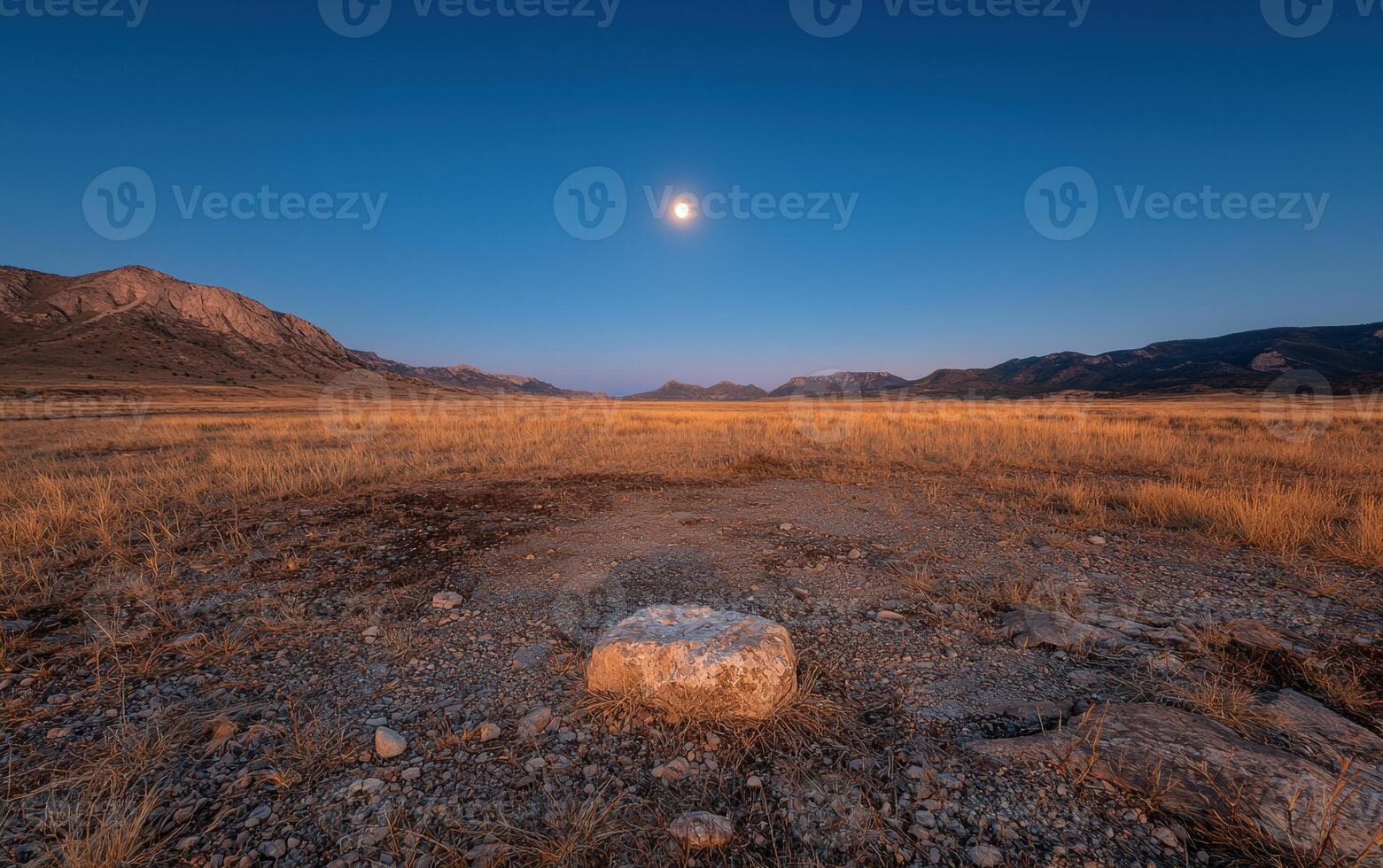 Full moon over a vast, empty plain at night photo