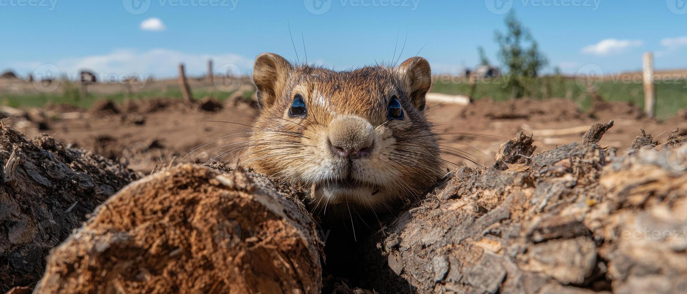 Close up of a cute rodent peeking from behind a log photo