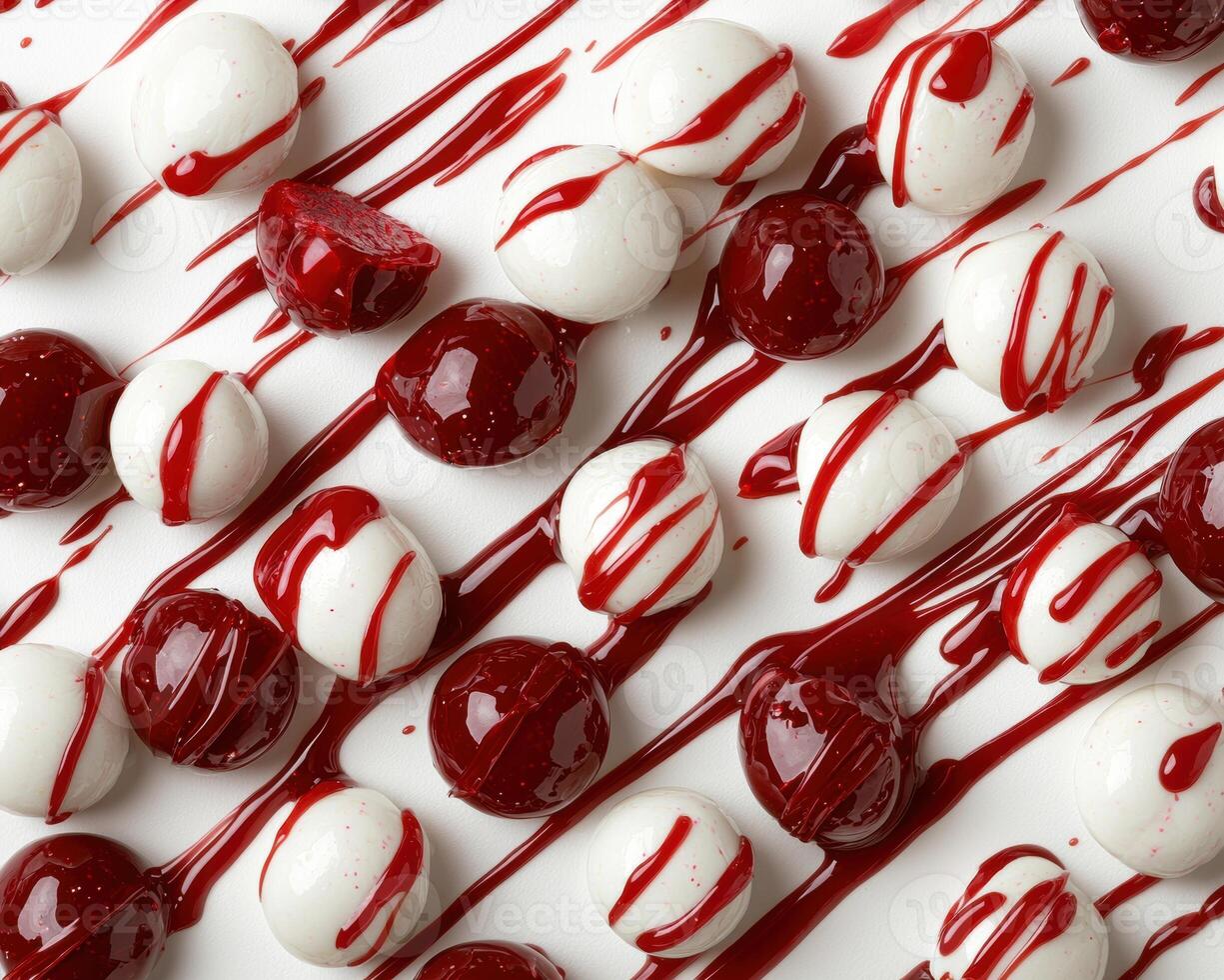 Delicious white and red candy balls with red sauce photo