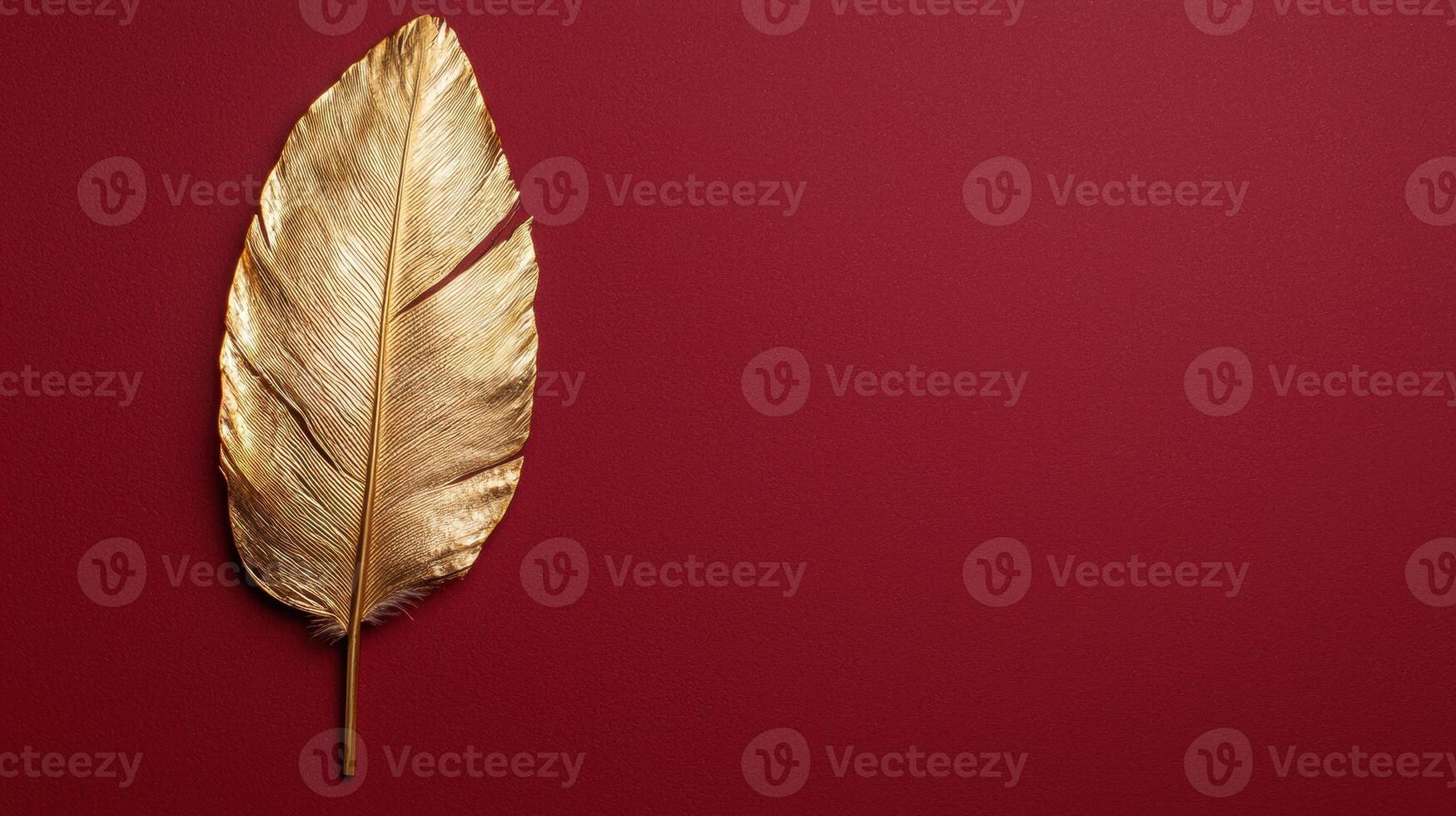 Gold feather on red background, luxury and elegant design concept photo