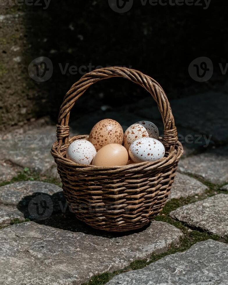 Brown wicker basket filled with speckled and plain eggs sits on stone path photo