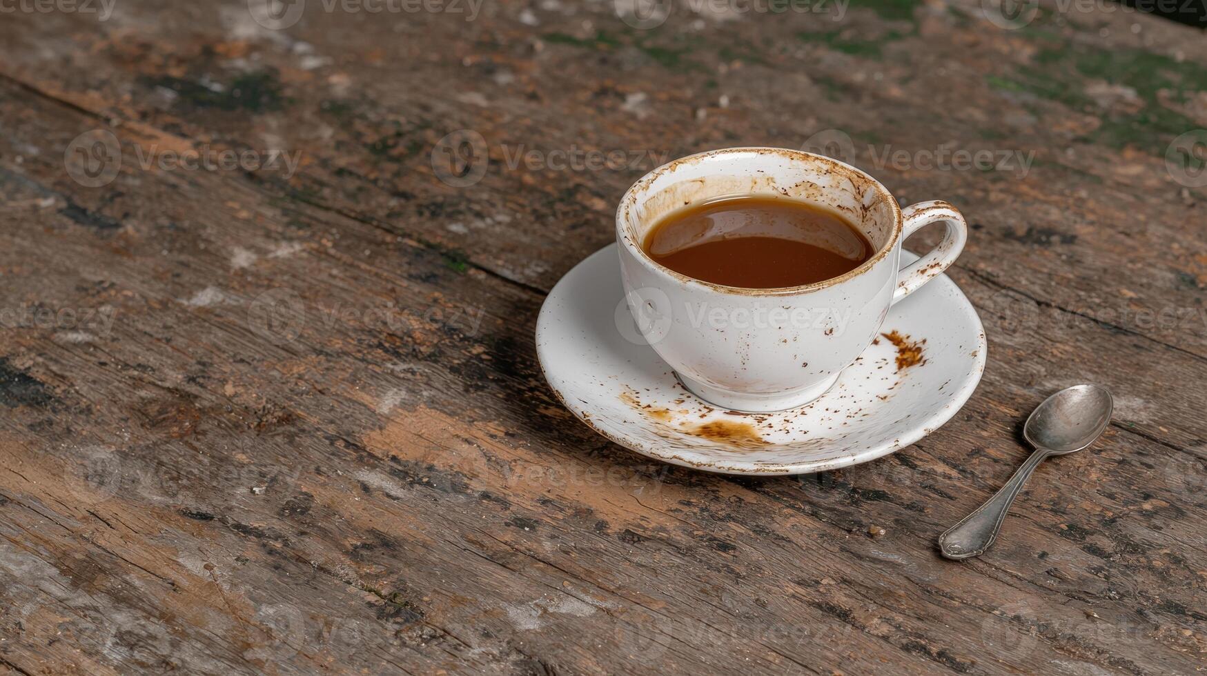 Empty coffee cup on rustic wooden table photo