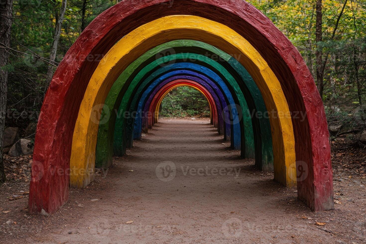 Rainbow arch pathway in a forest photo