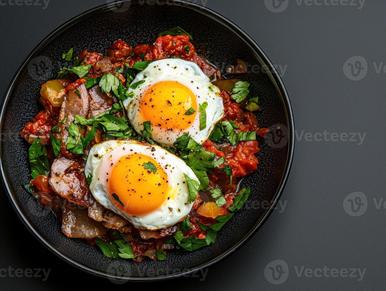 Delicious fried eggs with tomato and bacon in a bowl photo
