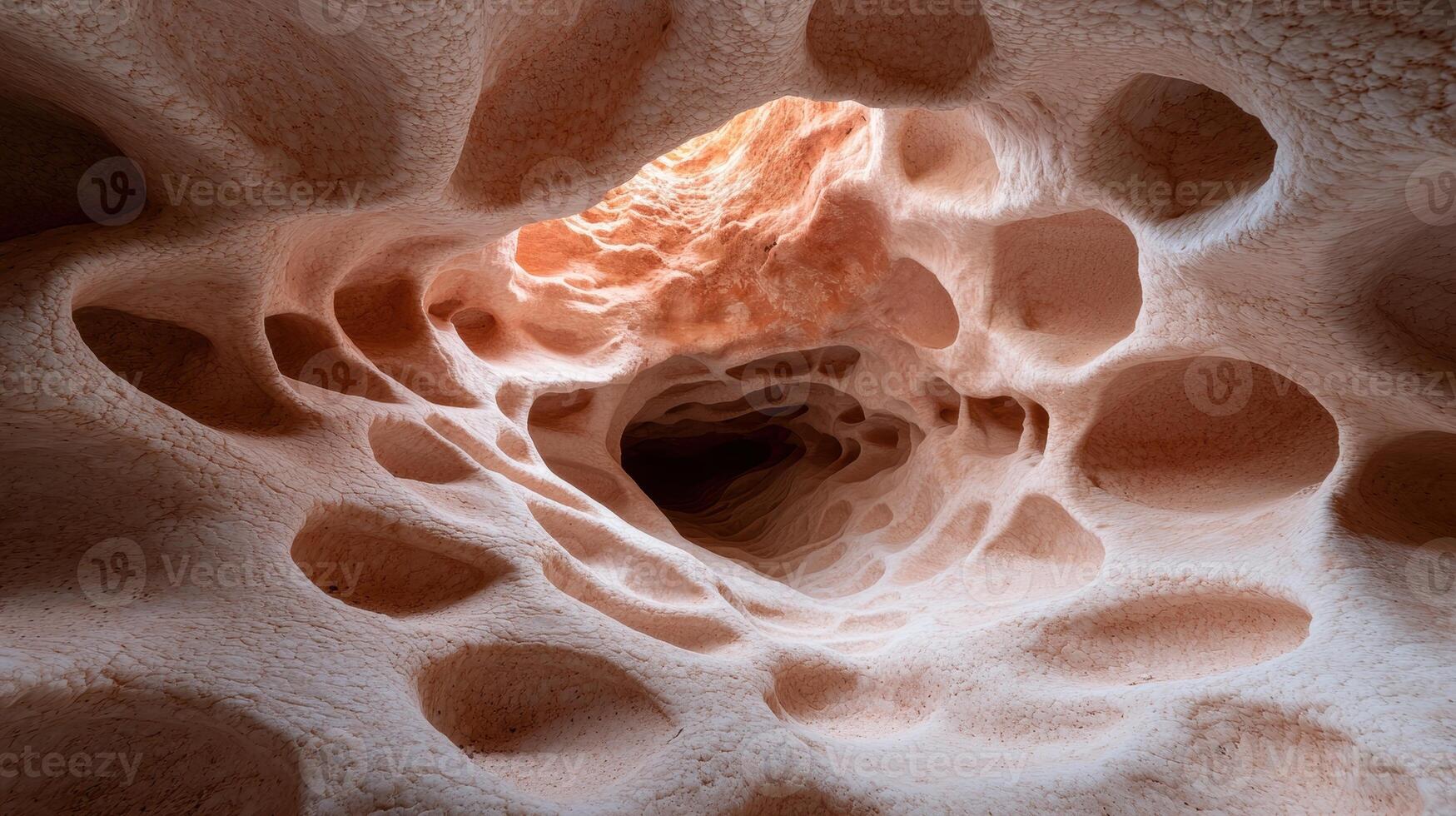 Intricate cave formations with smooth, textured walls and a deep, dark opening photo