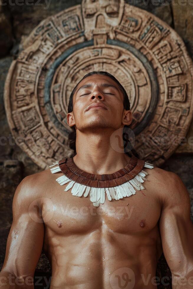 Shirtless muscular man meditating in front of ancient Mayan stone carving photo