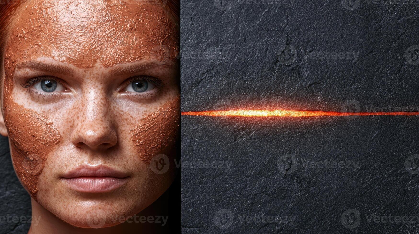 Woman with clay face mask, half face, glowing split background photo