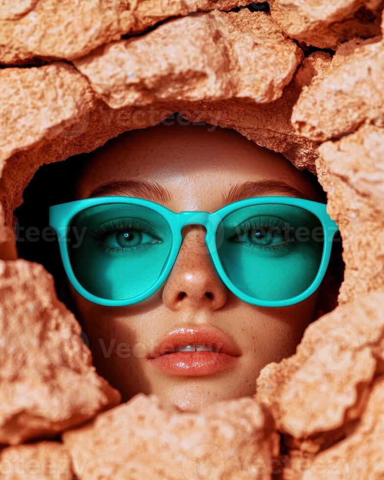 Woman with freckles wearing teal sunglasses peeking through a hole in a rock wall photo