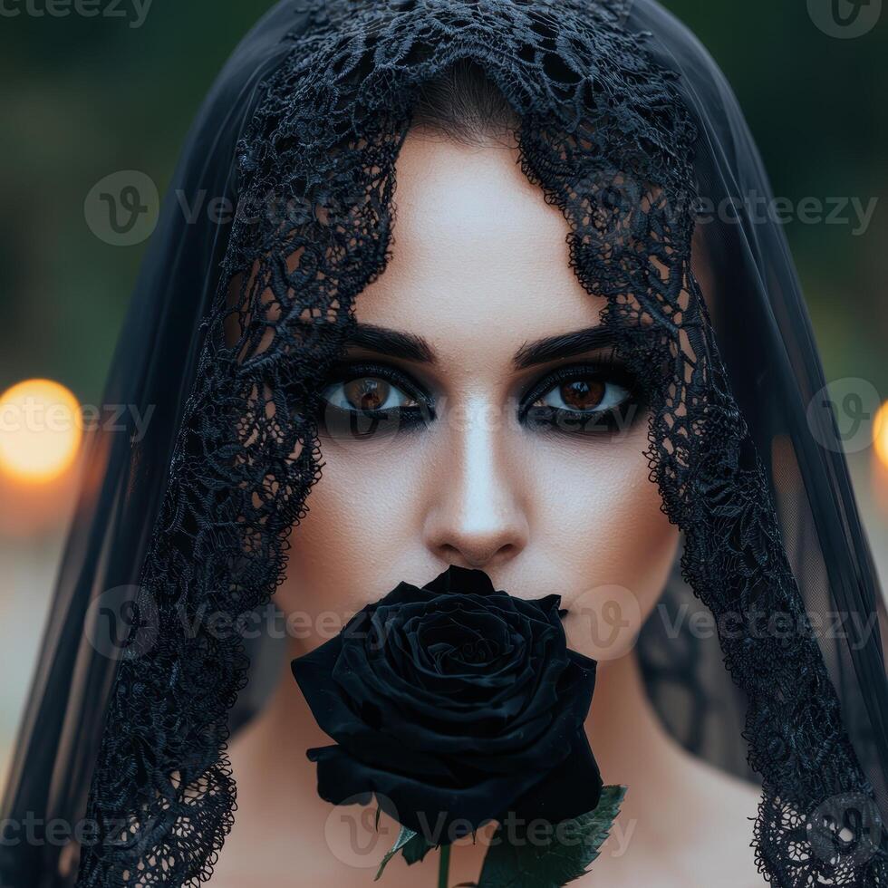 Woman in black veil with black rose photo