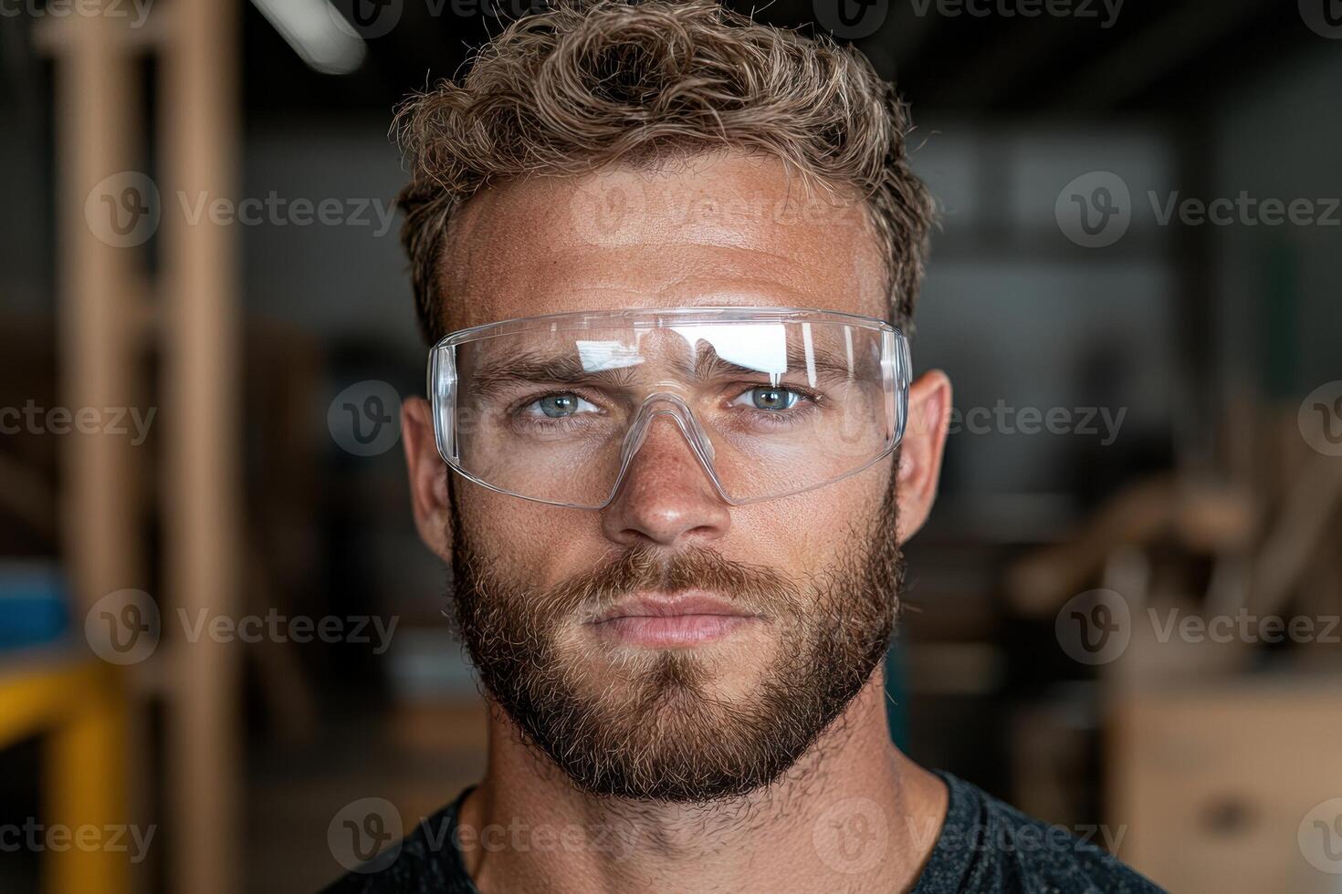 Close up portrait of a handsome craftsman wearing safety glasses photo