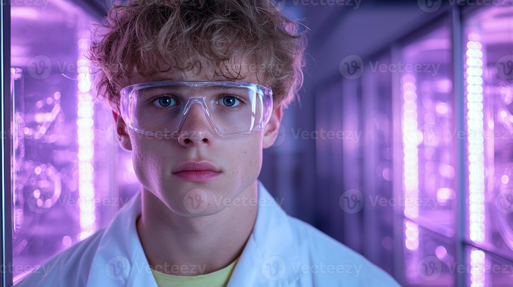 Young scientist in lab coat and safety glasses looking at camera photo