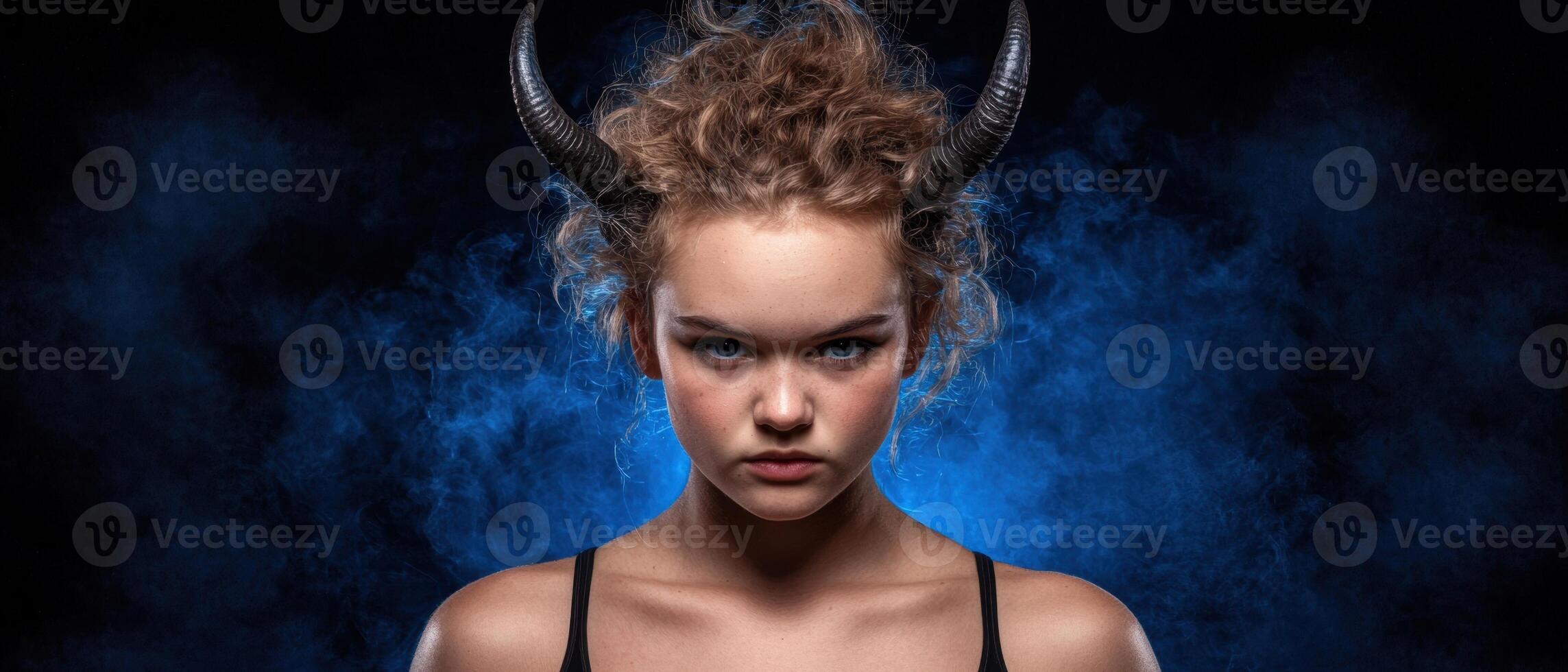 Mysterious Woman with Horns in Blue Smoke photo
