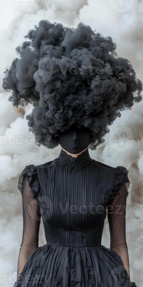 Mysterious woman in black dress with dark smoke hair photo