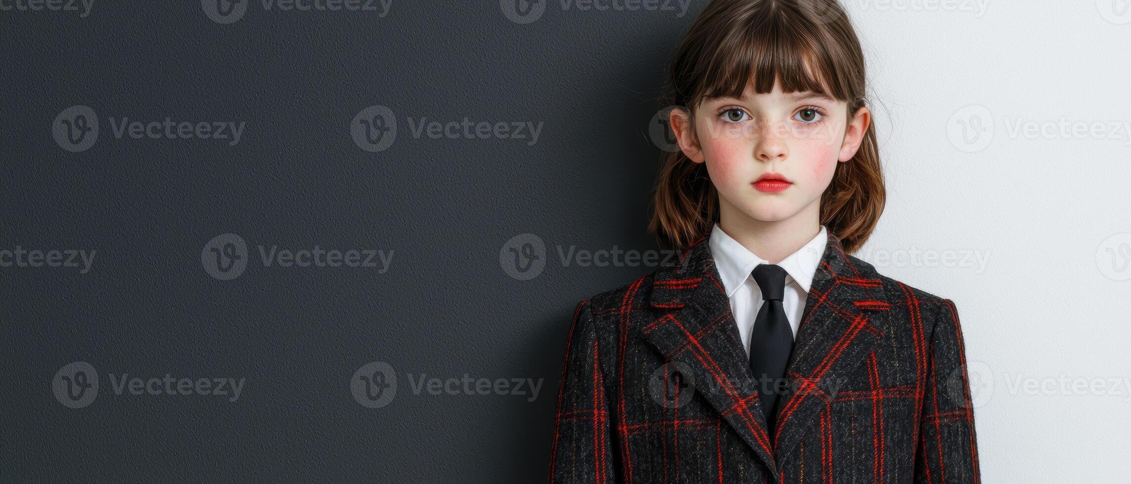 Portrait of a young girl in a red and black checkered suit photo