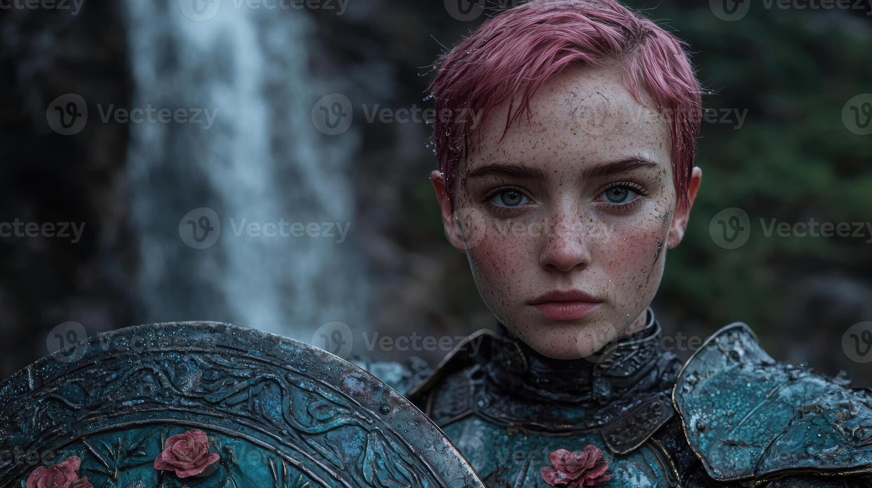 Young woman warrior with pink hair and freckles, holding a shield, standing in front of a waterfall photo