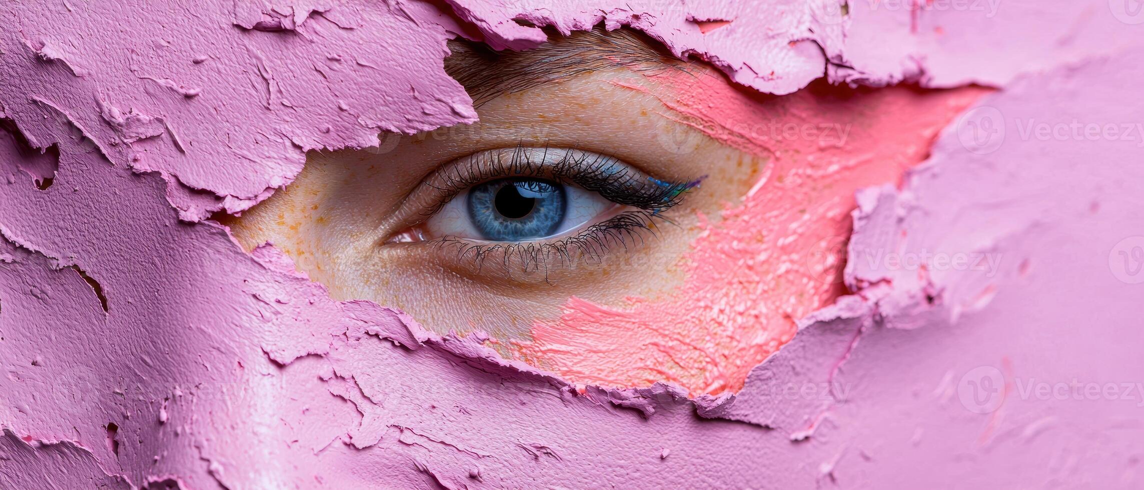 Close up of a womans eye peeking through a pink cracked paint mask photo