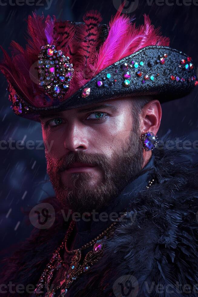 Portrait of a man in a flamboyant hat and feathered cloak photo