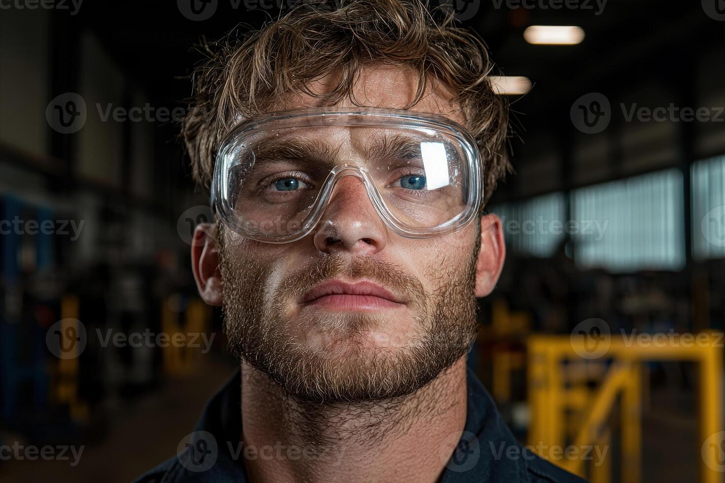 Close up portrait of a focused male factory worker wearing safety glasses photo