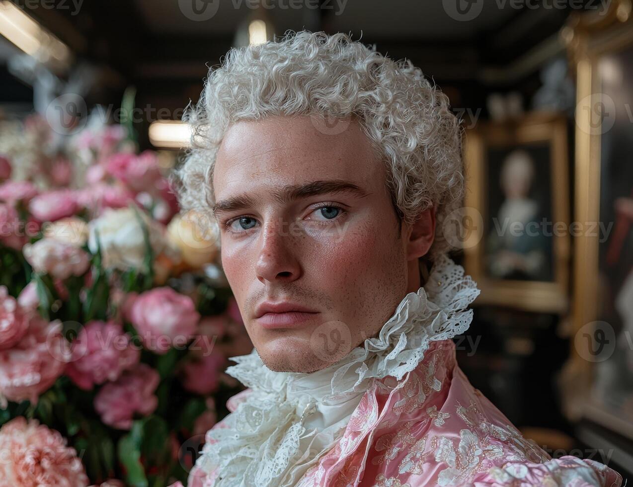 Portrait of a young man in a pink rococo style jacket photo