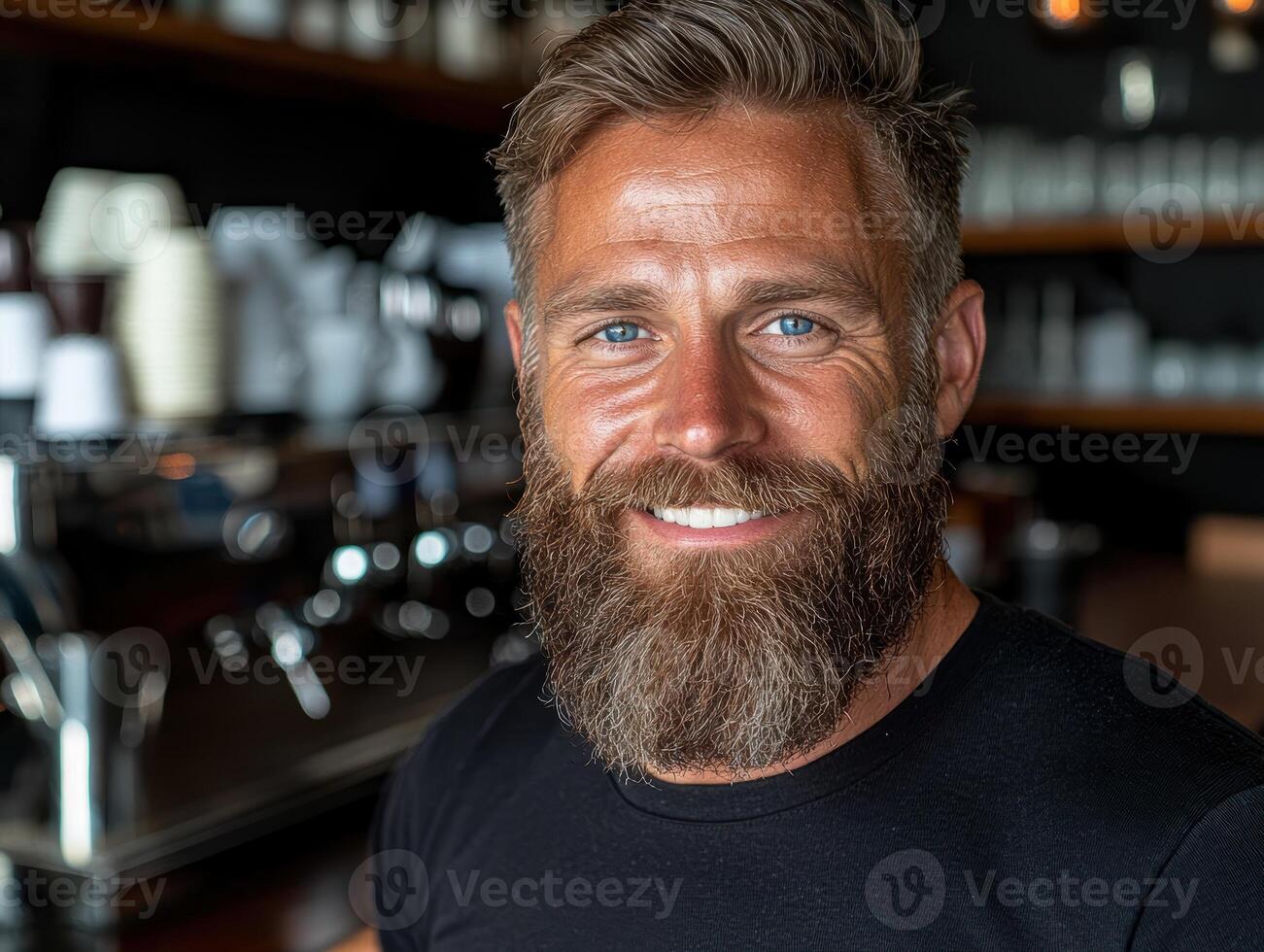 Smiling bearded man in a coffee shop photo