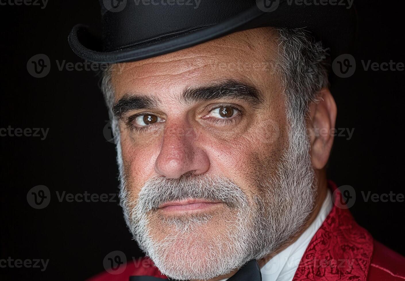 Close up portrait of a man with a gray beard wearing a top hat and red jacket photo