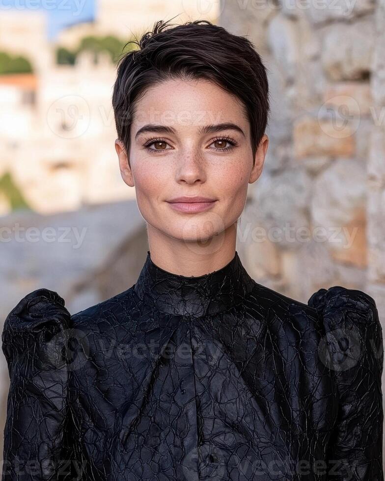 Close up portrait of a woman with short hair and a black top photo