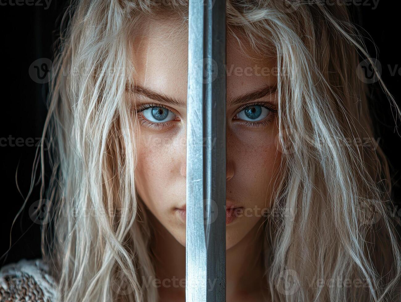 Close up portrait of a young woman with long blonde hair, looking intensely at the camera, with a sword dividing her face photo