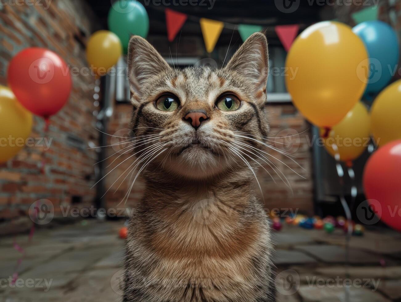 Curious tabby cat looking up at colorful balloons in a backyard photo