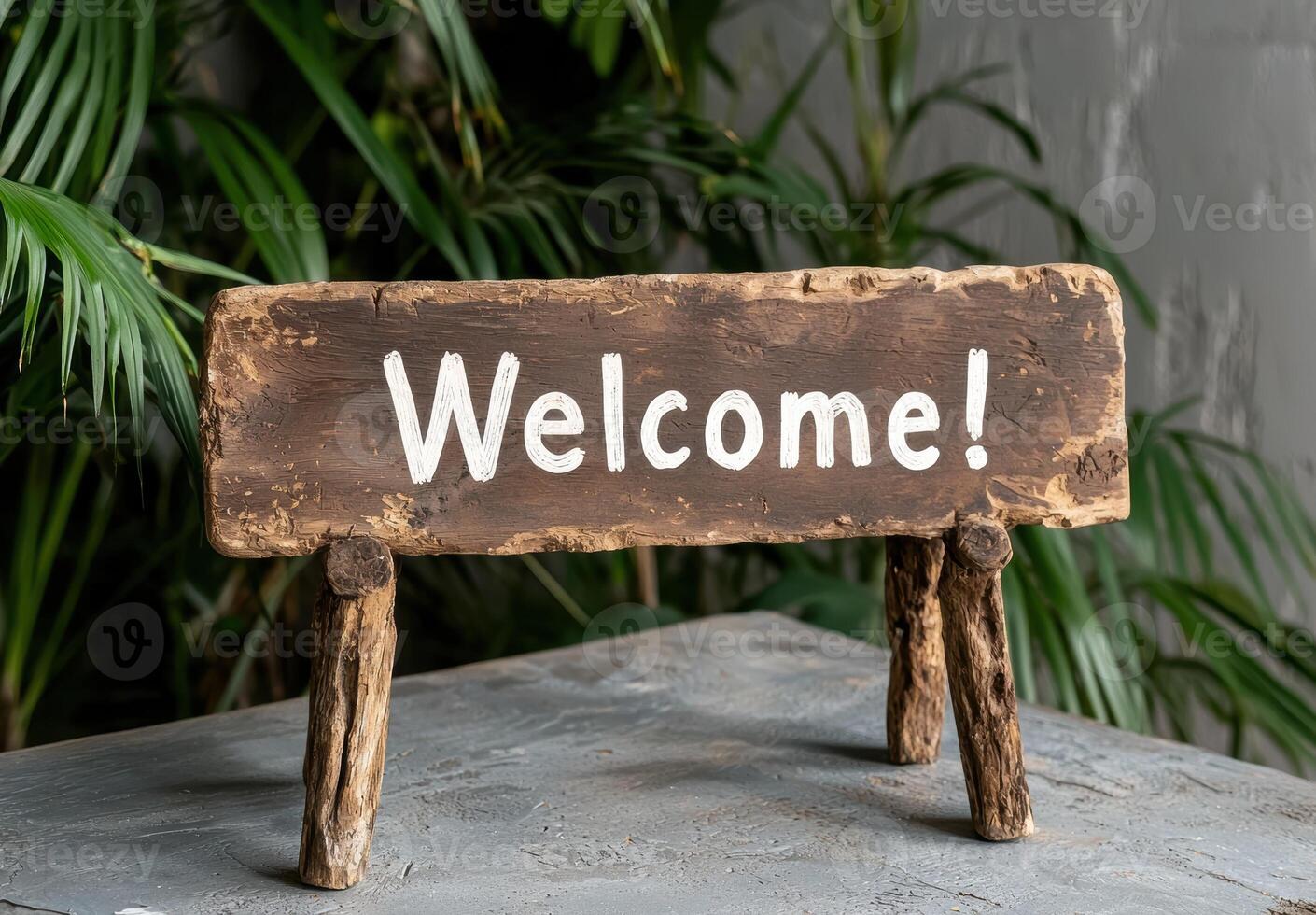 Rustic wooden welcome sign with tropical plants in the background photo