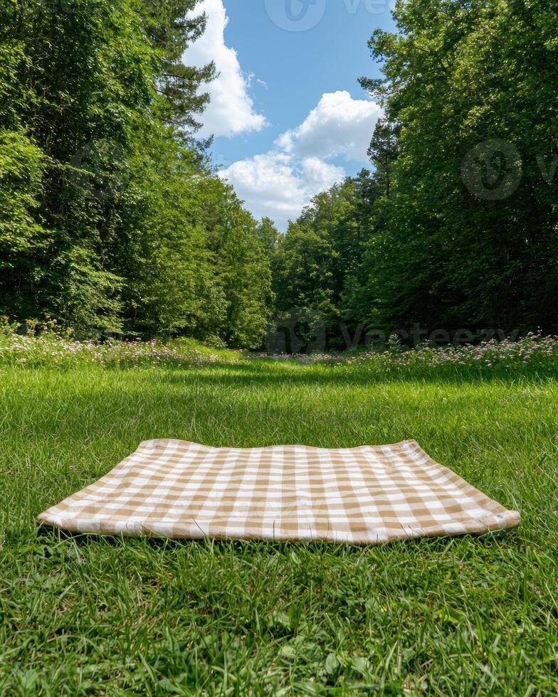 Empty picnic blanket on grass in forest photo
