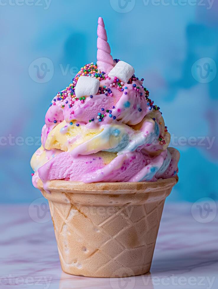 Magical unicorn ice cream cone with sprinkles and marshmallows photo
