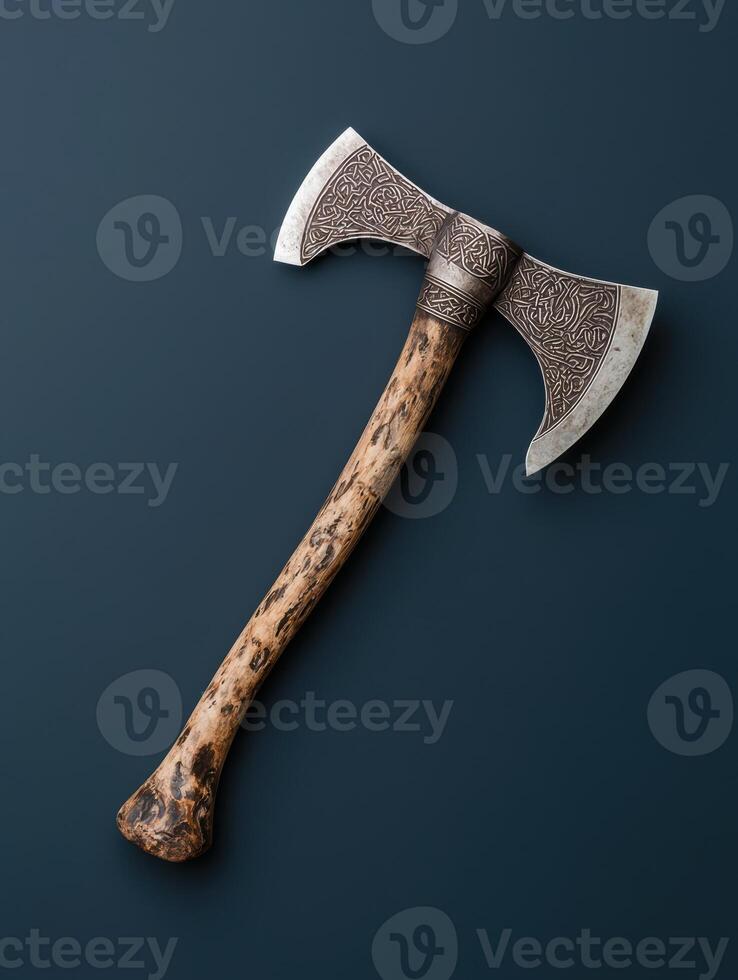 Ornate Viking Axe with Wooden Handle on Dark Background photo