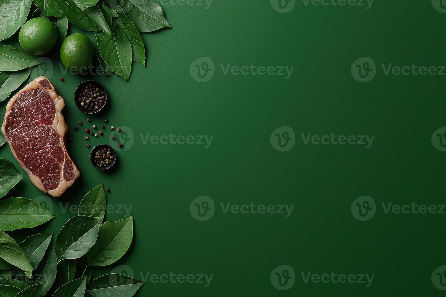 Raw beef steak with peppercorns and lime leaves on green background photo