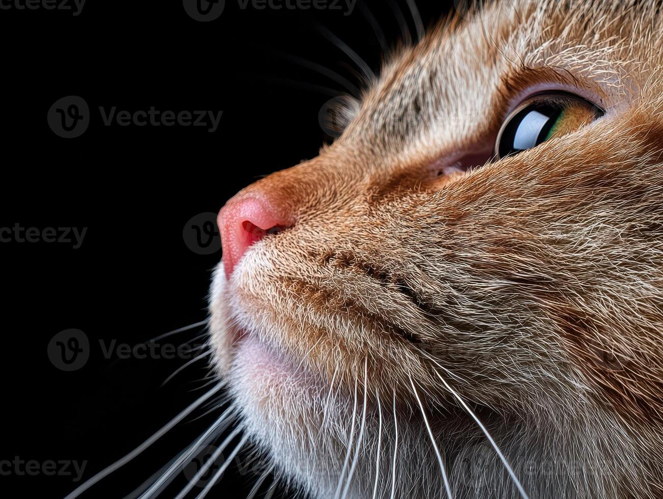 Close up profile of a ginger cats face against a black background photo
