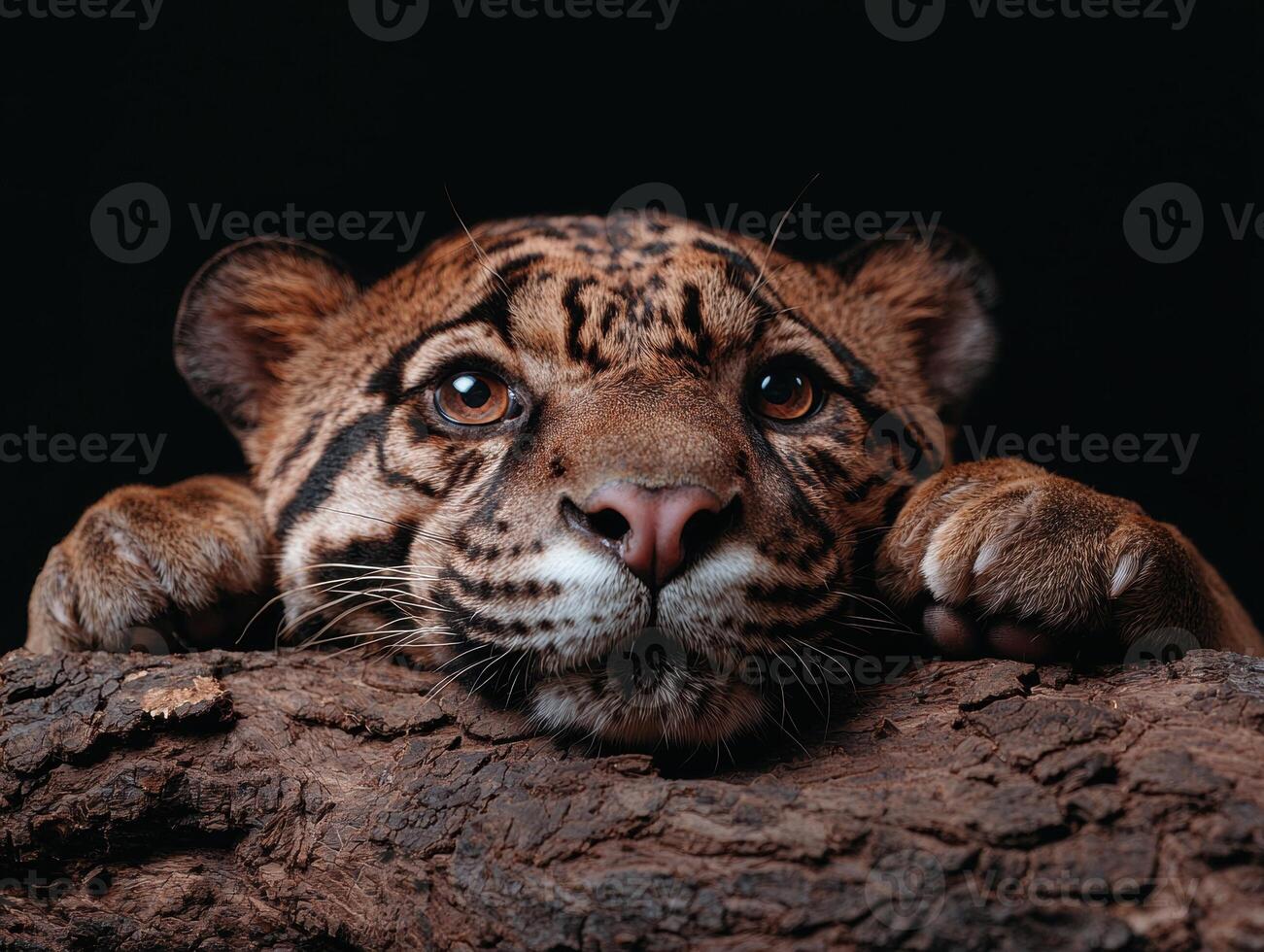 Close up portrait of a jaguarundi resting on a log photo