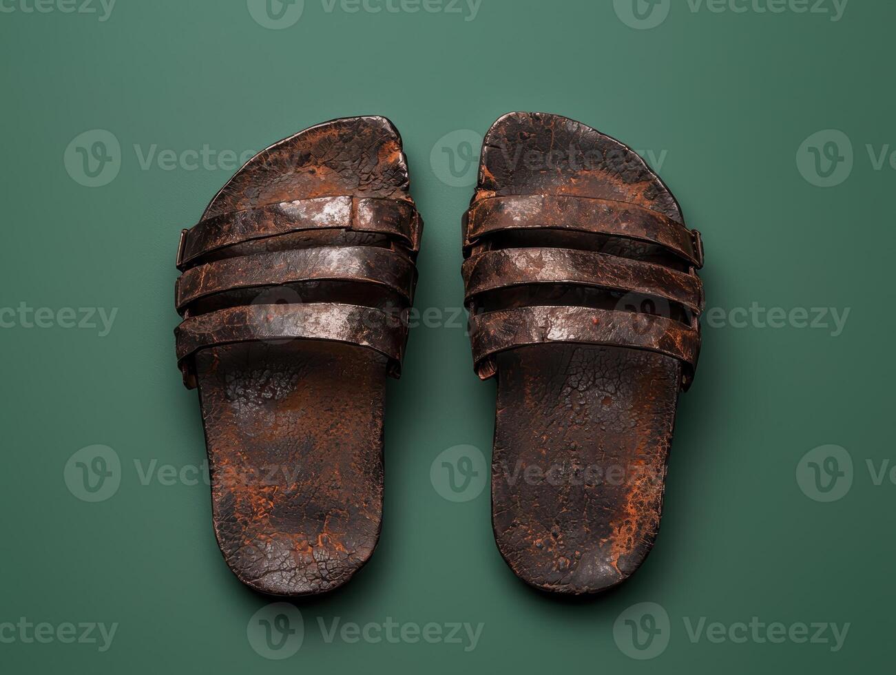 Aged leather sandals on green background photo