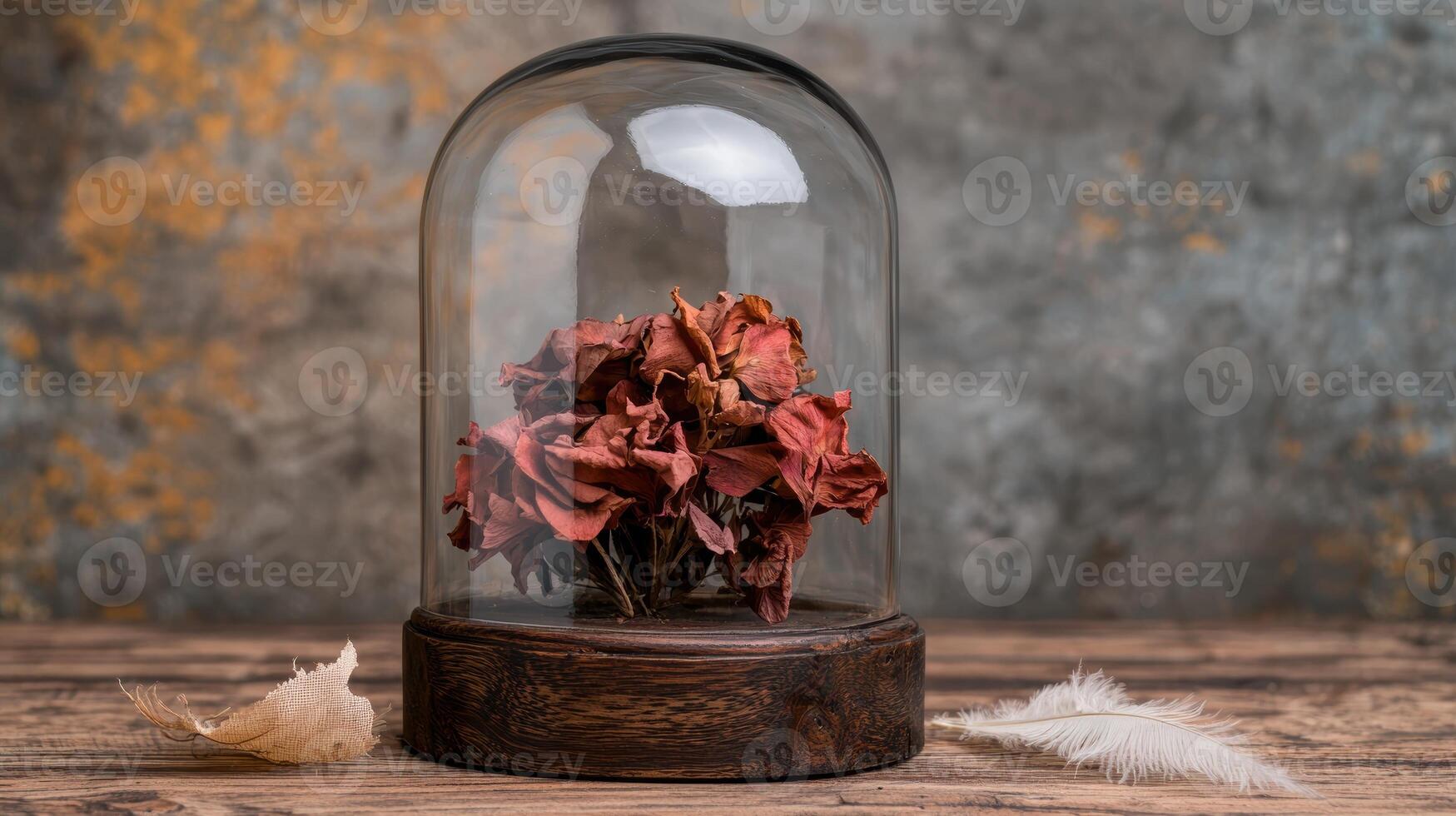 Dried flowers under a glass dome on wooden surface photo