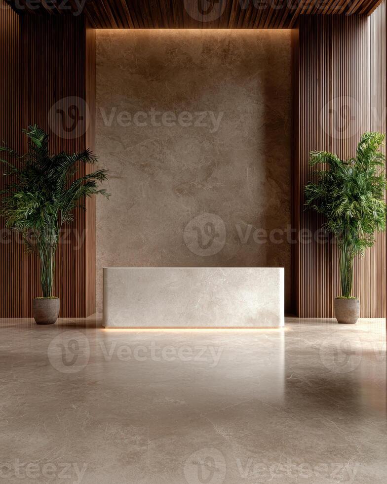Modern minimalist hotel reception desk in a luxury lobby photo