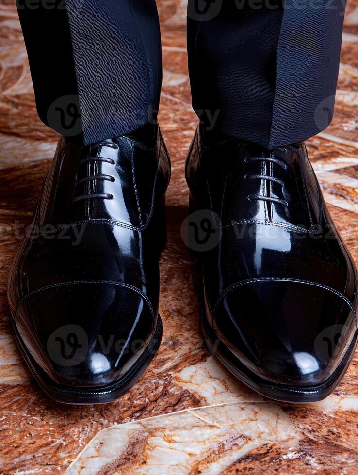 Close up of polished black leather mens business photo
