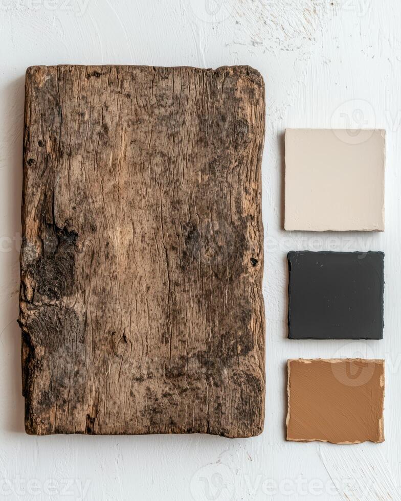 Rustic wooden board with paint swatches in beige, black, and brown colors photo