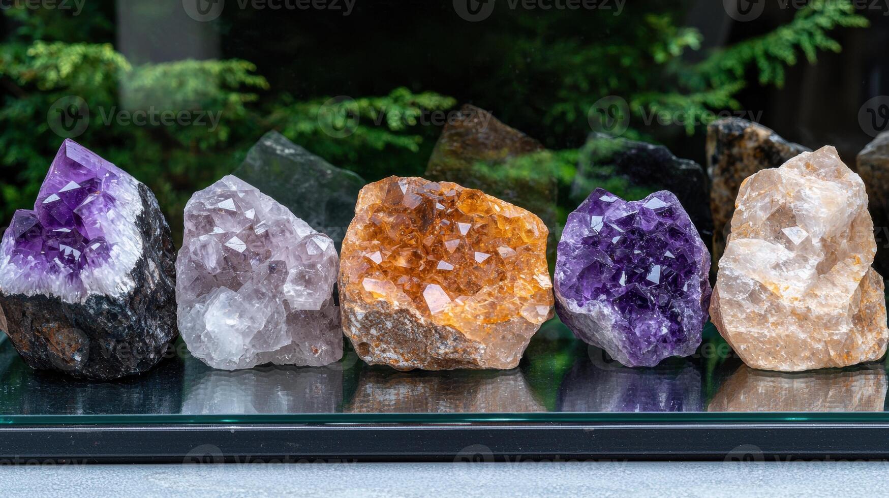 Amethyst, quartz, and citrine geode clusters on display photo