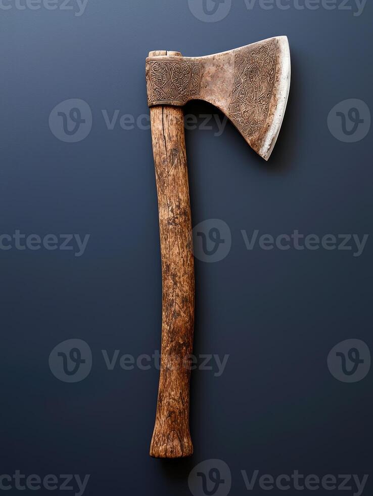 Ancient Viking Axe with Intricate Carvings on Dark Background photo