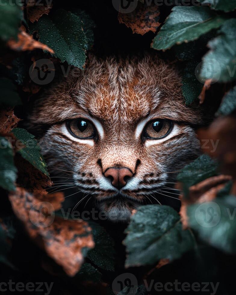 Close up of a lynx peering through leaves photo
