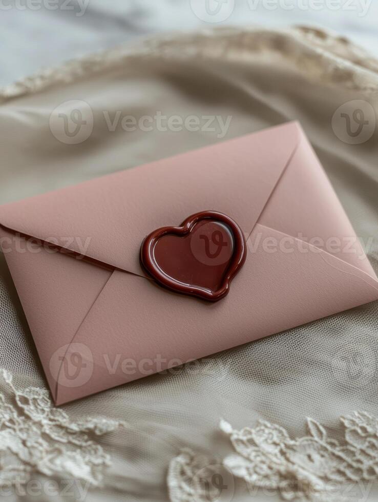 Pink envelope with heart shaped wax seal on a lace fabric photo