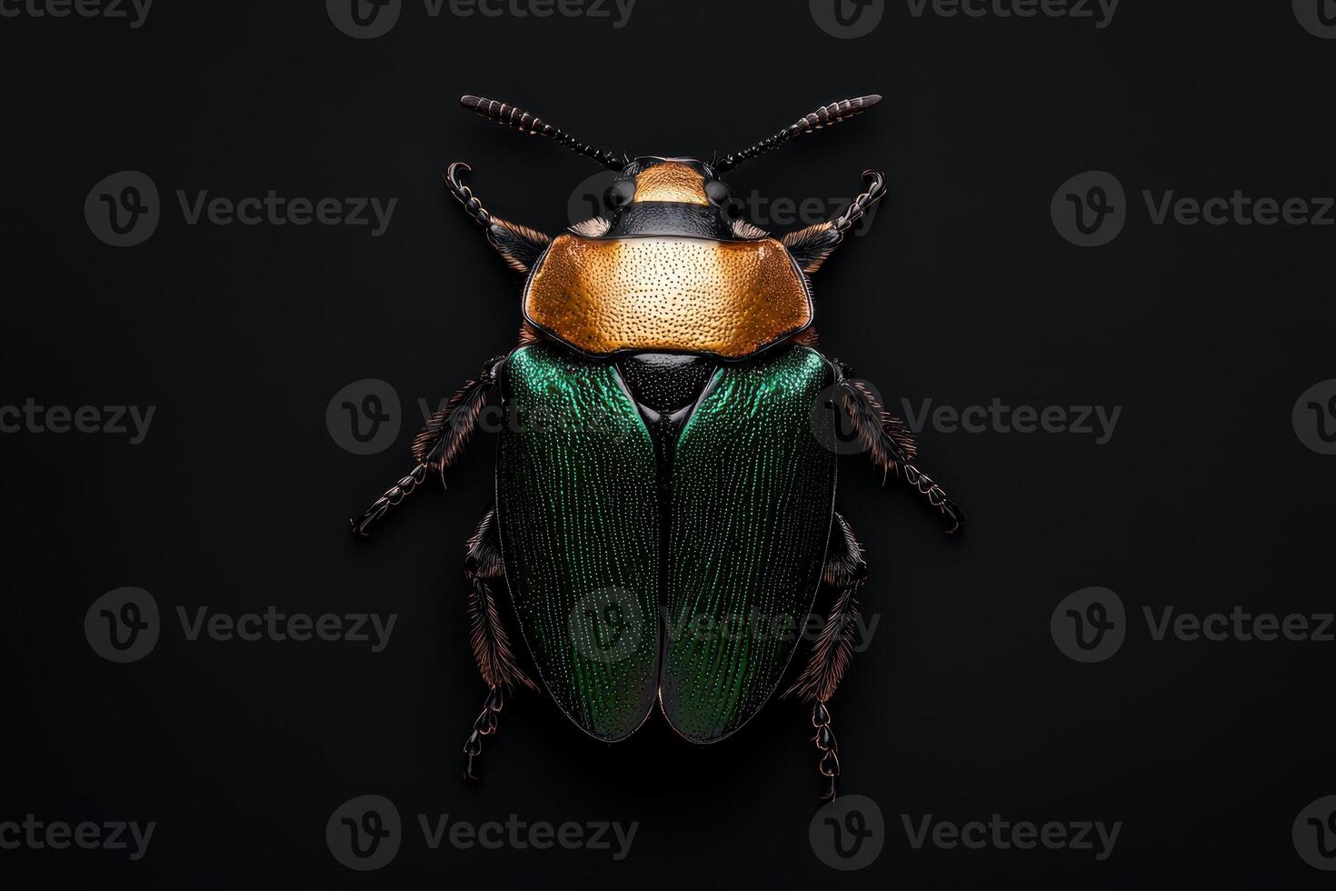 Closeup of a vibrant green and gold beetle on a black background photo