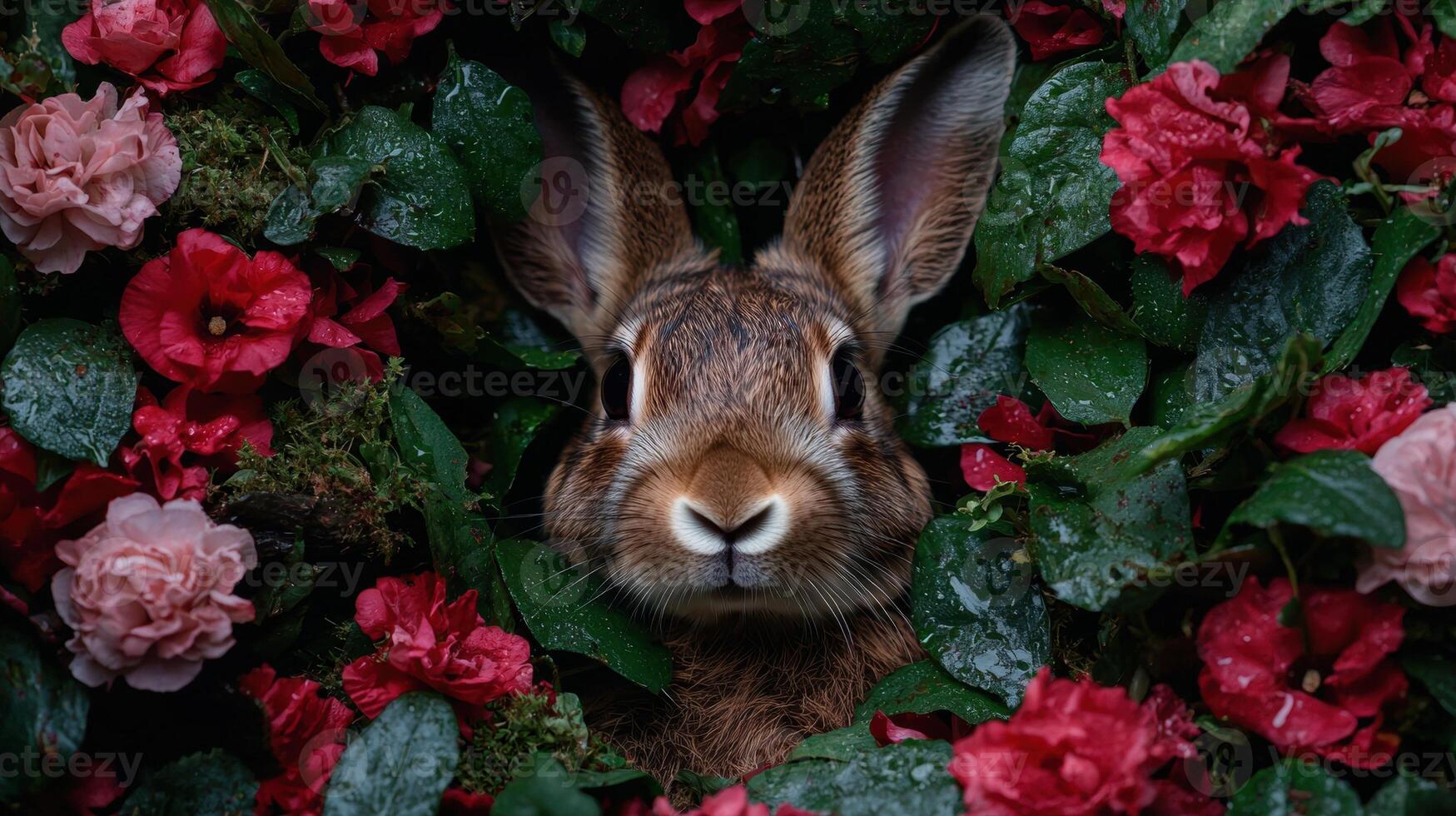 Adorable bunny rabbit hiding in a lush garden of pink and red flowers photo