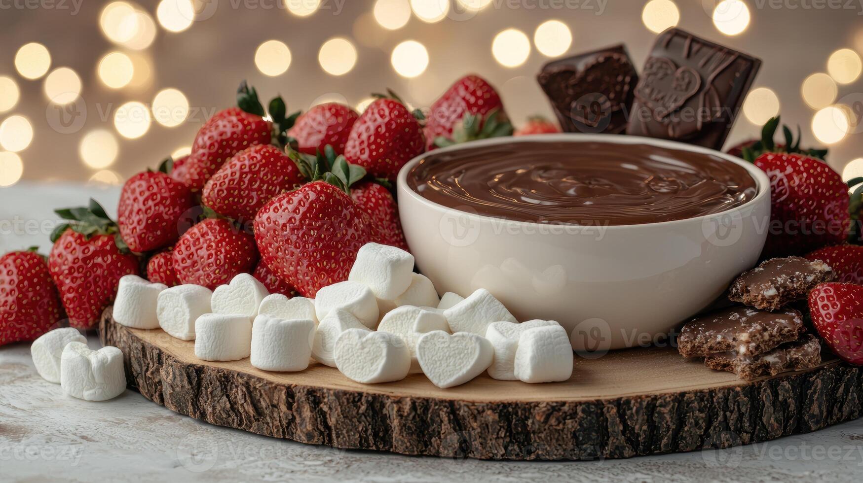 Delicious chocolate fondue with strawberries and marshmallows for Valentines Day photo
