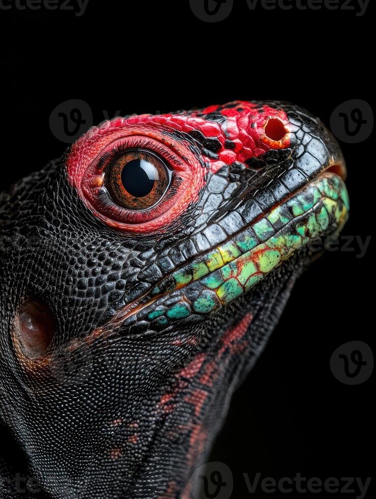 Close up of a vibrant lizard with striking red and green scales photo
